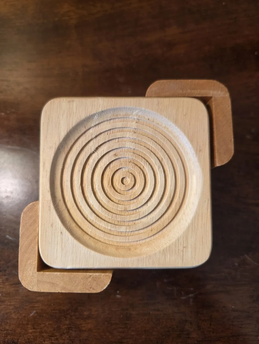 Set of 8 Vtg Solid Light Colored Wood 4” Coasters w/ Coaster Holder Modern Swirl